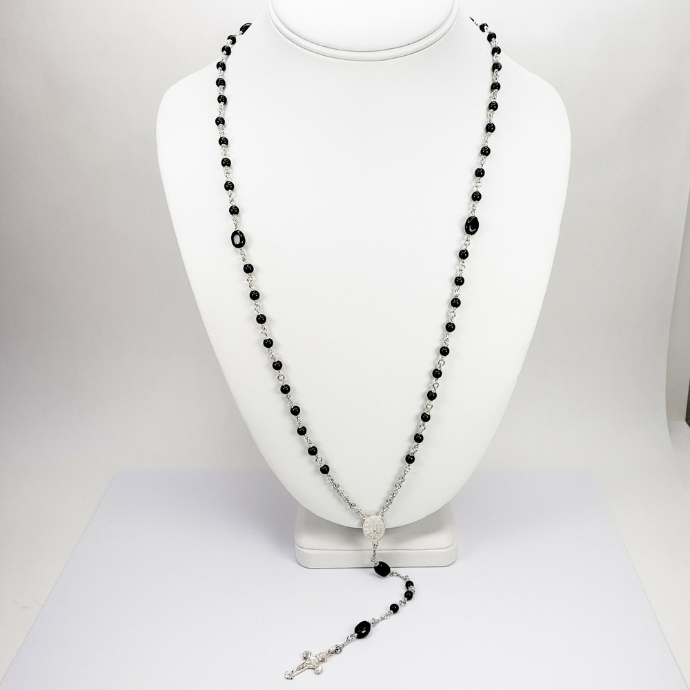 Vintage Sterling Silver 925 Dainty Rosary Black Glass Beads